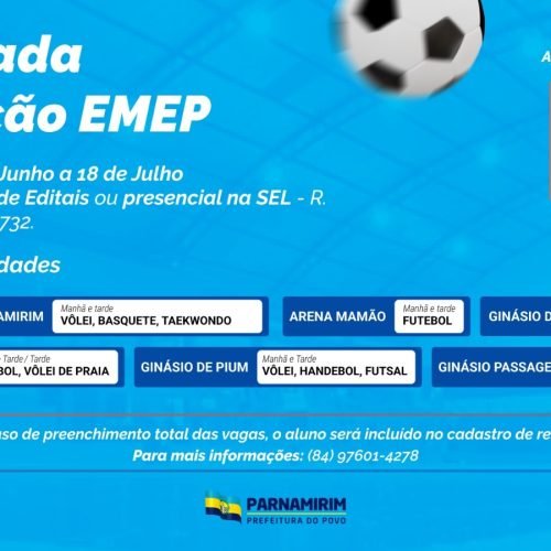 Parnamirim abre inscrições para a Escola Municipal de Esporte (EMEP)Período vai de 18 de junho a 18 de julho de 2025